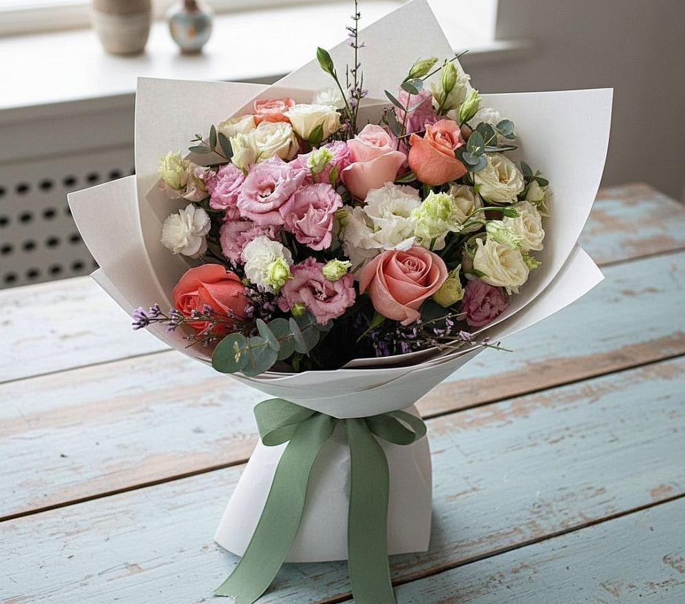 Букет цветов из: Розы, Лизиантусы и Гвоздики в Красные Ткачи