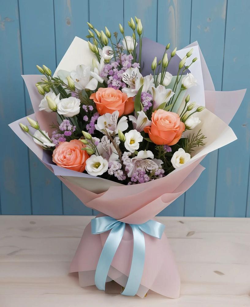 Букет цветов из: Лизиантусы, Розы, Альстромерии и Гипсофила в Красные Ткачи