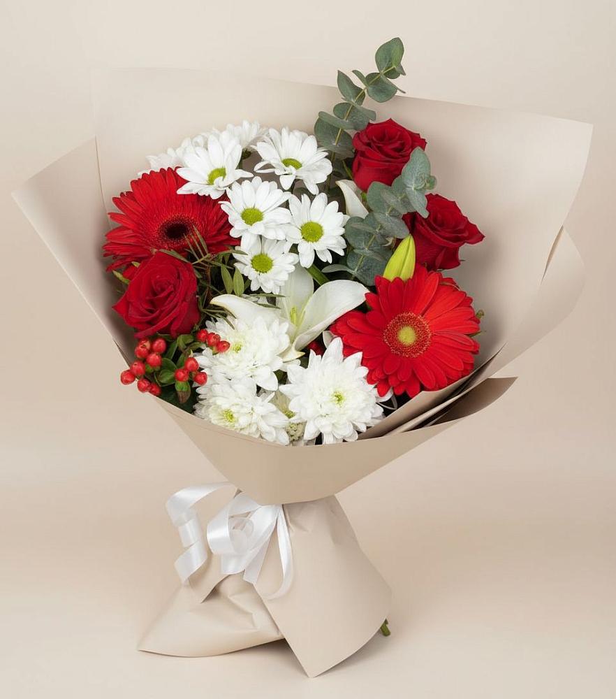 Букет цветов из: Розы, Хризантемы, Герберы и Лилии в Красные Ткачи