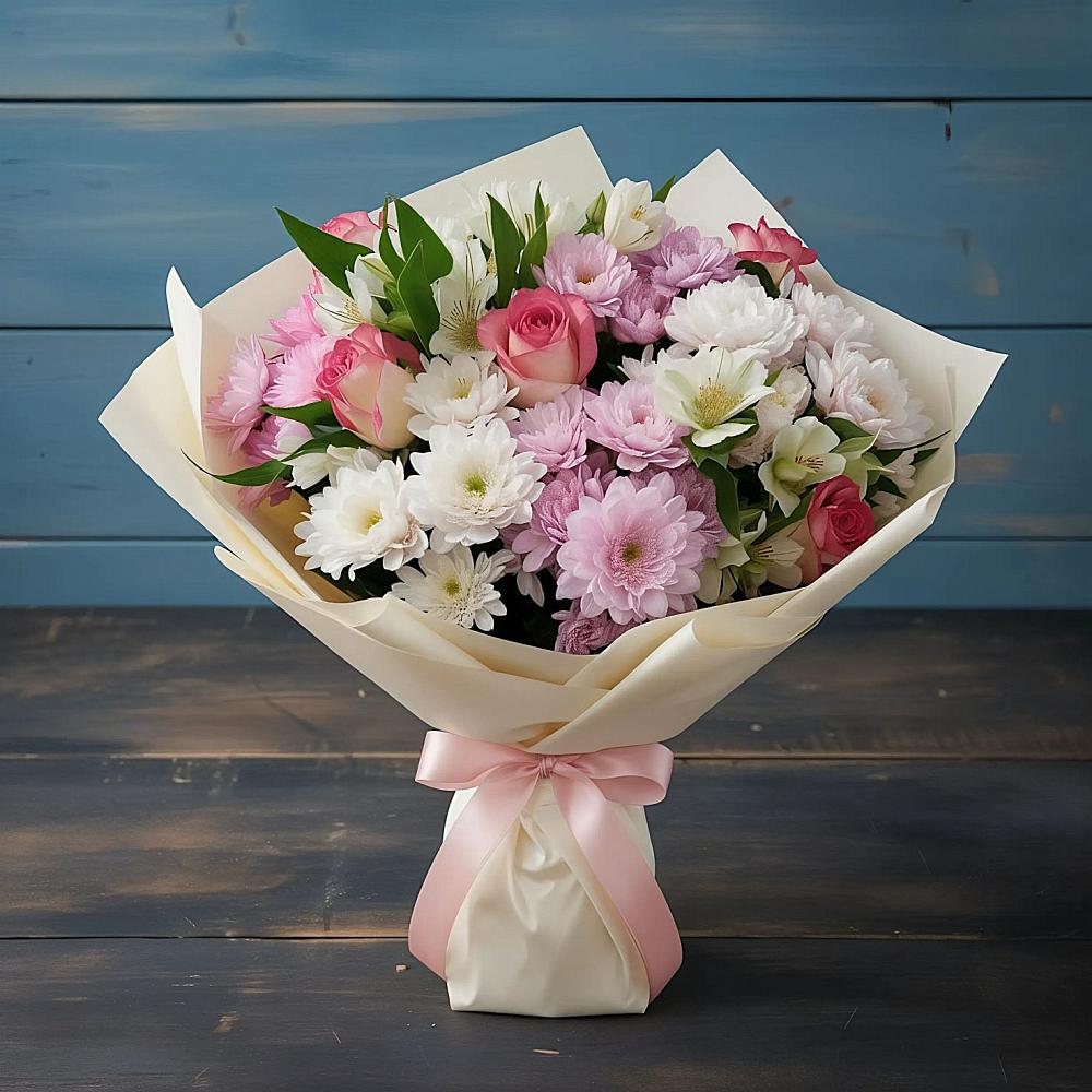 Букет цветов из: Хризантемы, Альстромерии и Розы в Красные Ткачи